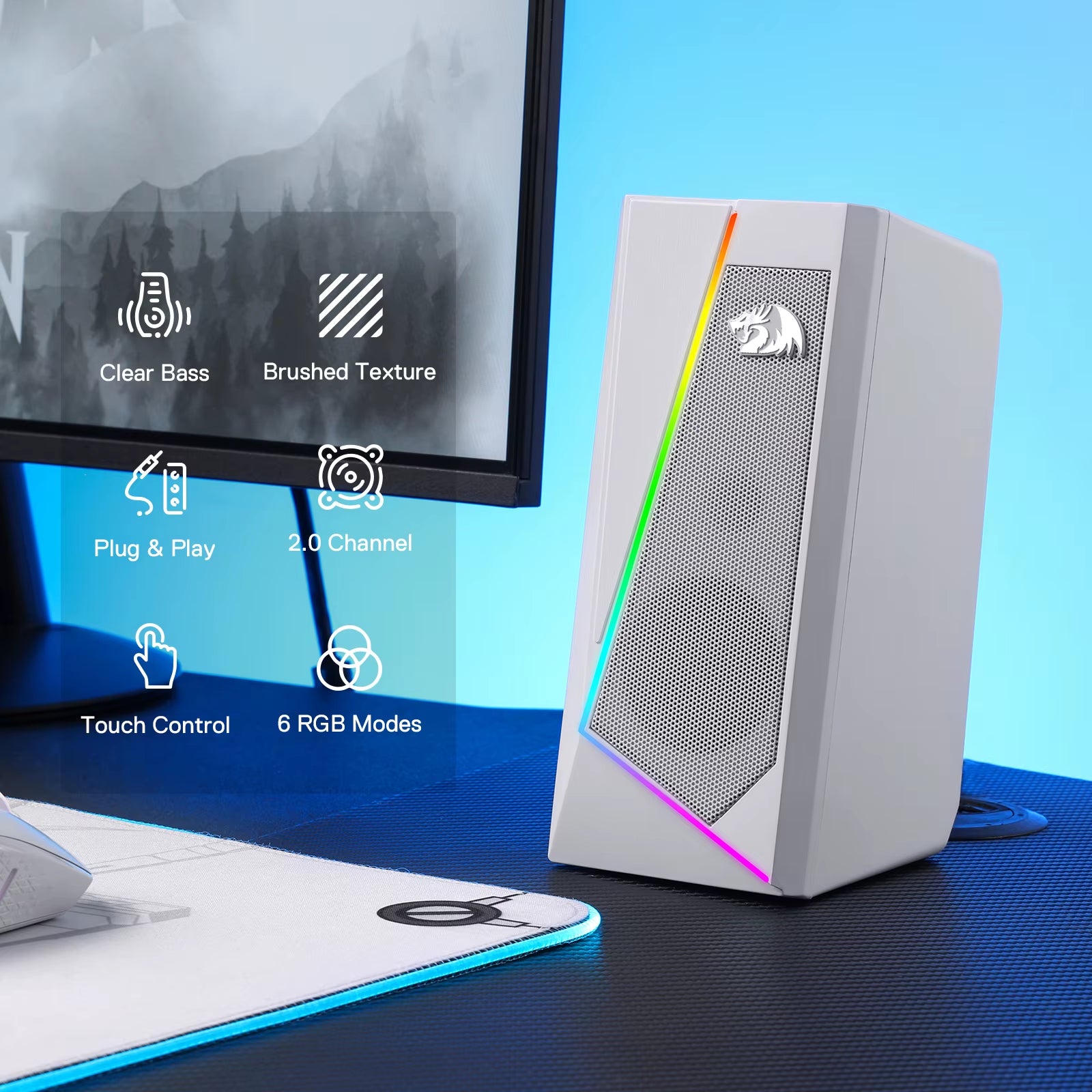 GS520 RGB Stereo Speakers — Immersive PC Sound System with 6-Color LED Glow (White/Pink)