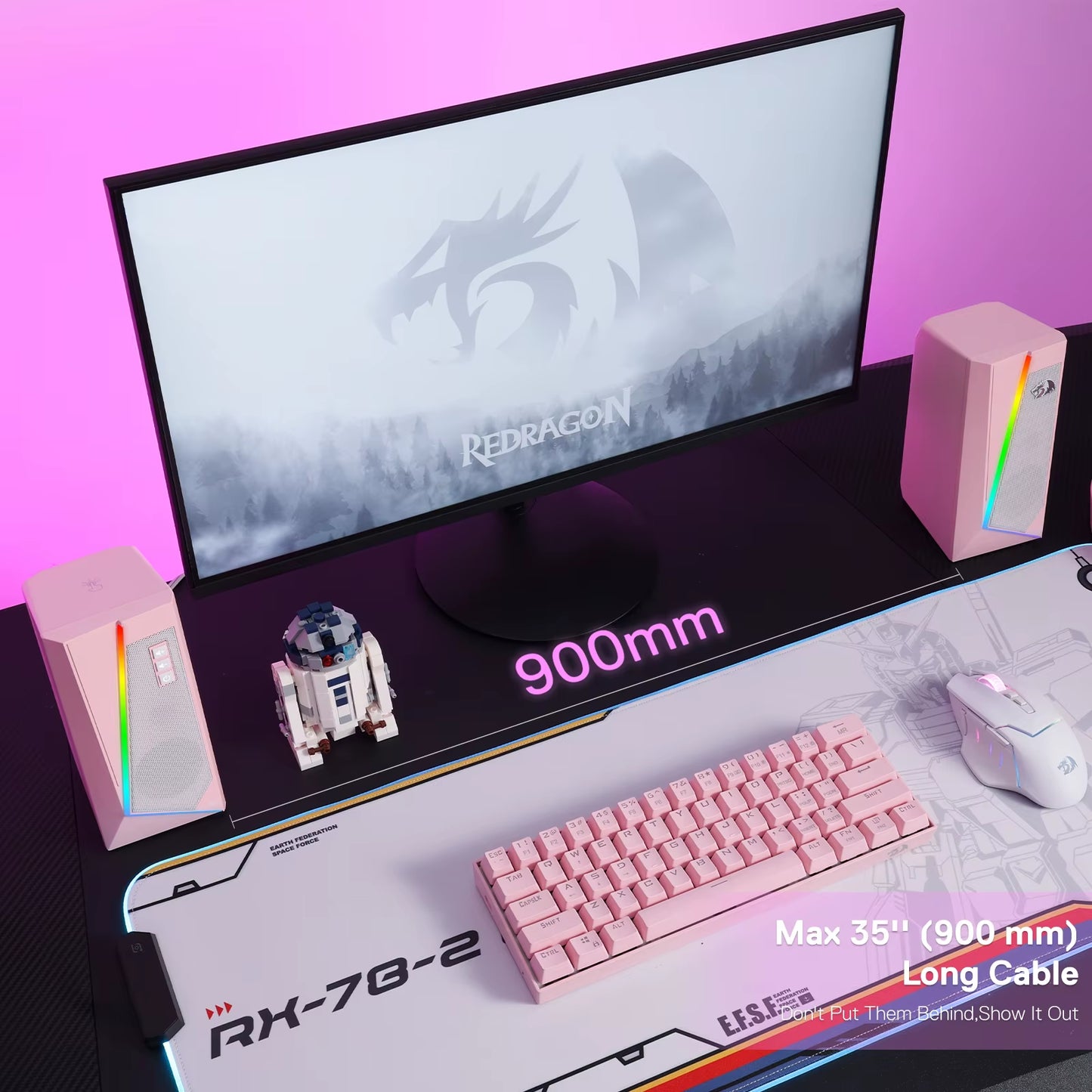 GS520 RGB Stereo Speakers — Immersive PC Sound System with 6-Color LED Glow (White/Pink)