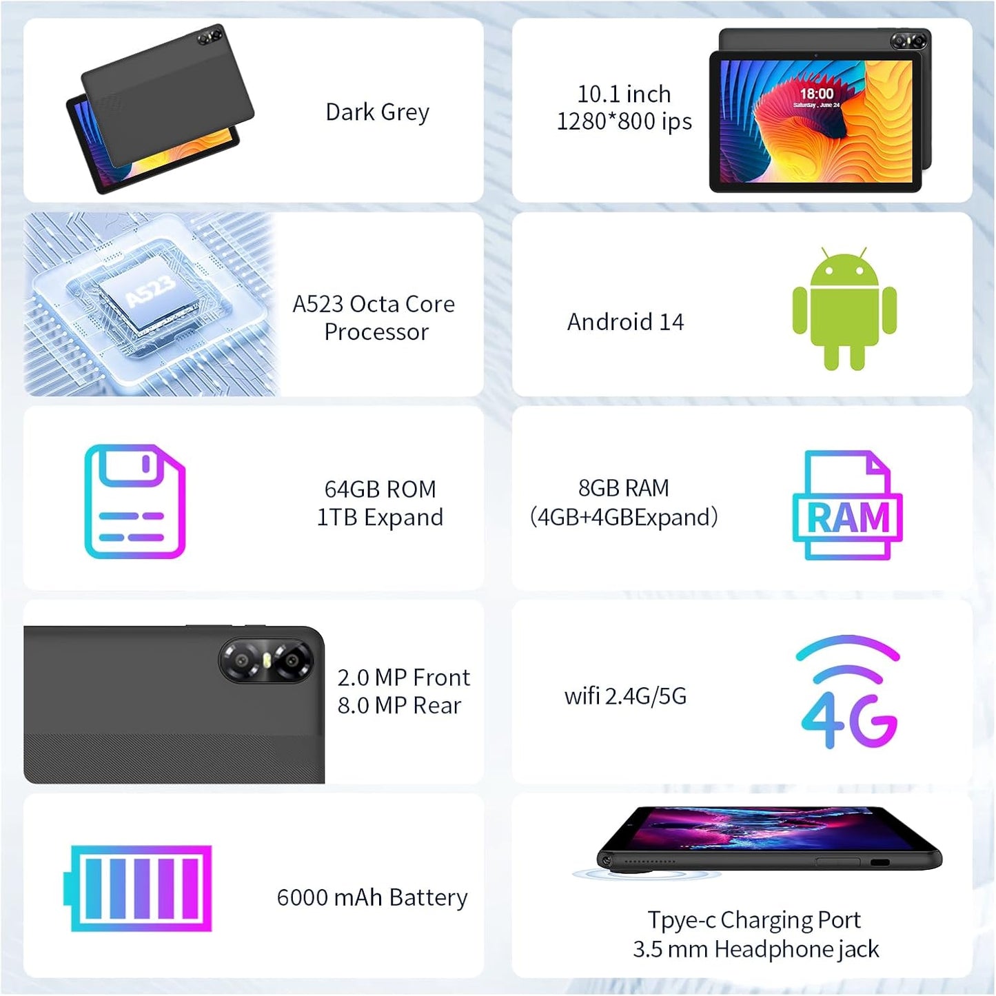 10 Inch Tablet, 8 GB, 64 GB ROM, 1024GB Expand, Android 14, 3-1 Android Tablets, Qcta Core, Wifi 6, 6000 Mah, Tablet PC with Keyboard, Mouse, Case,Gray