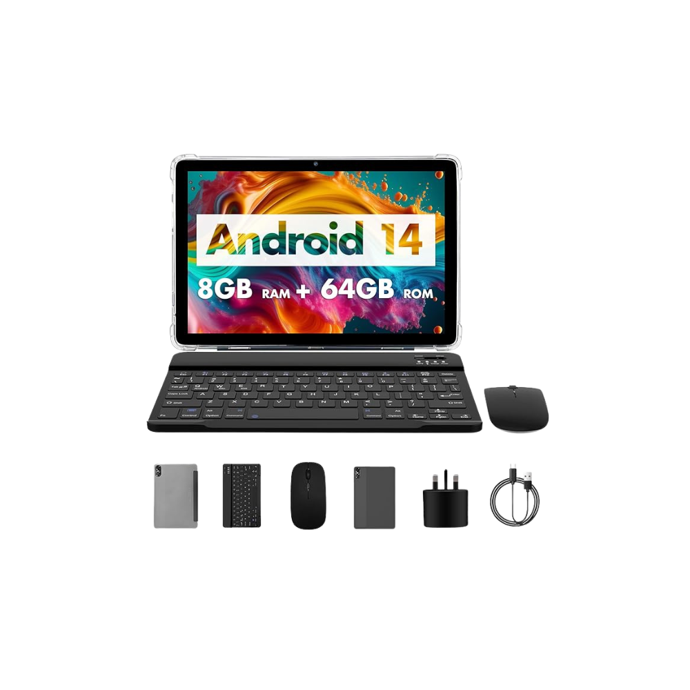 10 Inch Tablet, 8 GB, 64 GB ROM, 1024GB Expand, Android 14, 3-1 Android Tablets, Qcta Core, Wifi 6, 6000 Mah, Tablet PC with Keyboard, Mouse, Case,Gray