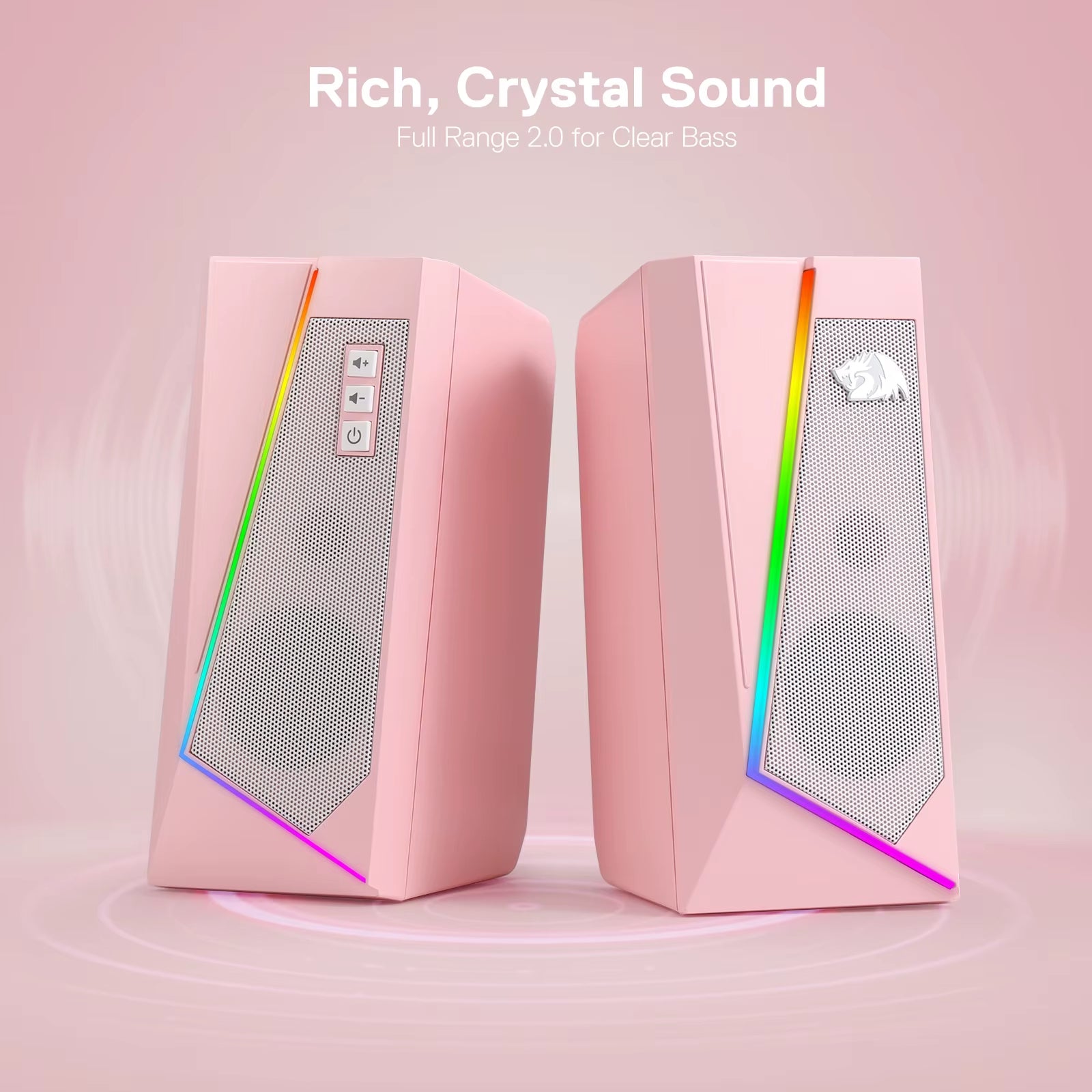 GS520 RGB Stereo Speakers — Immersive PC Sound System with 6-Color LED Glow (White/Pink)